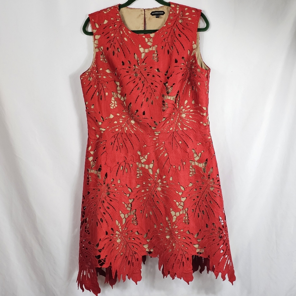 Catherine Deane Red Leaf Lace Fit & Flare Dress Asymmetrical Hem Sz 16